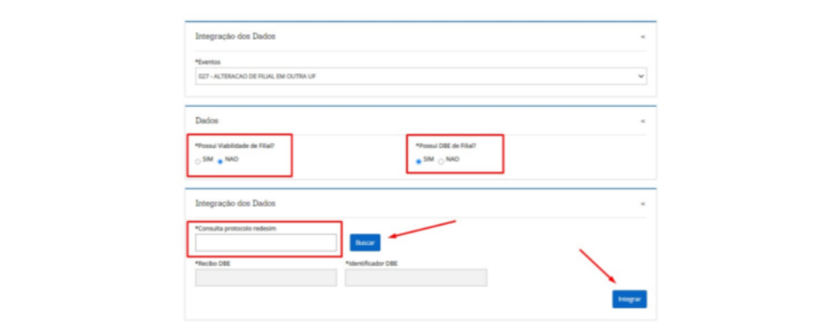 Formulário FCN integração DBE de alteração de filial