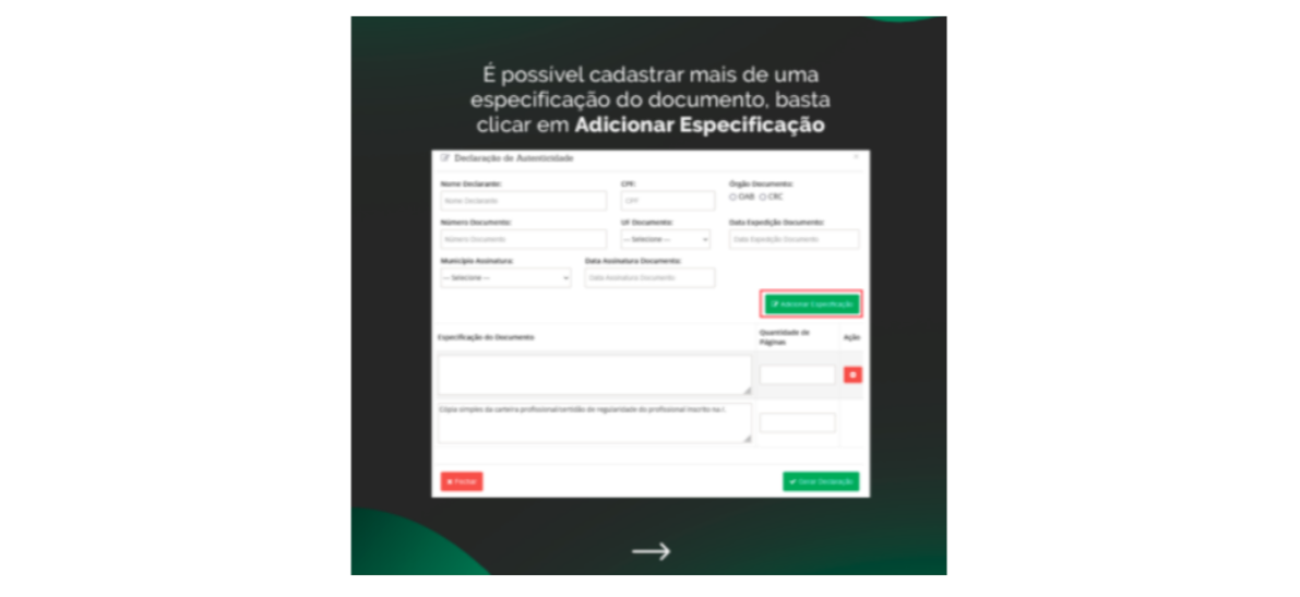 Botão Adicionar Especificação na Declaração de Autenticidade
