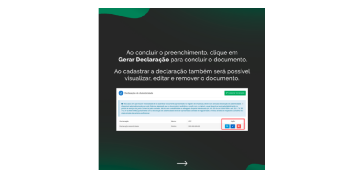 Tela de conclusão da Declaração de Autenticidade