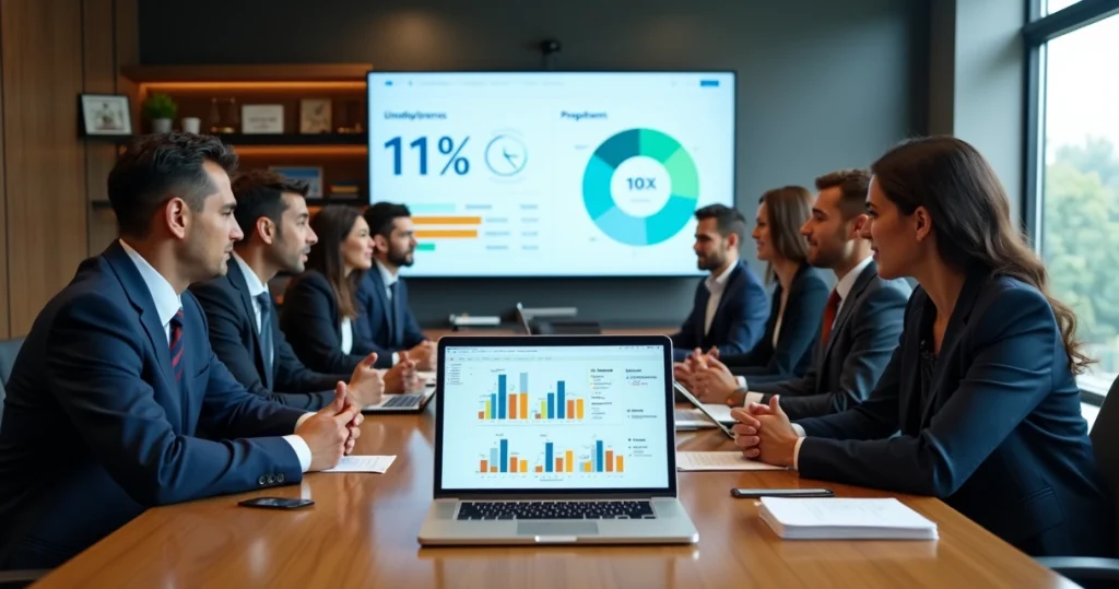 Advogados em reunião com cliente em sala moderna analisando dados de satisfação em tela grande