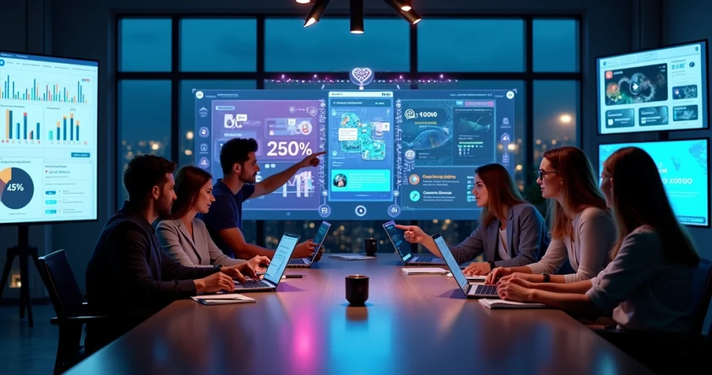 Equipe de agência de marketing colaborando com telas de inteligência artificial