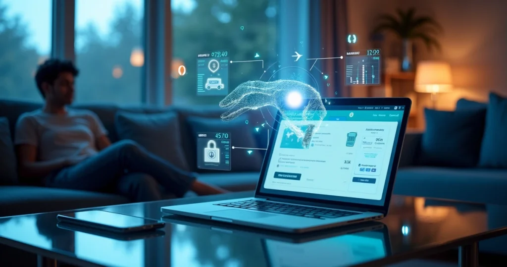 Assistente de IA holográfico fazendo compra online em nome de uma pessoa