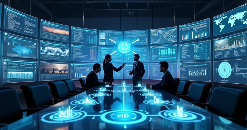 Executivos de marketing observam agentes de IA operando múltiplas telas com campanhas digitais