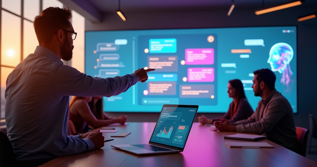 Gerente de marketing analisa painel de atendimento com IA conversando com clientes em múltiplos canais