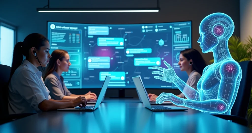 Equipe humana e assistente de IA colaborando em fluxo de atendimento híbrido