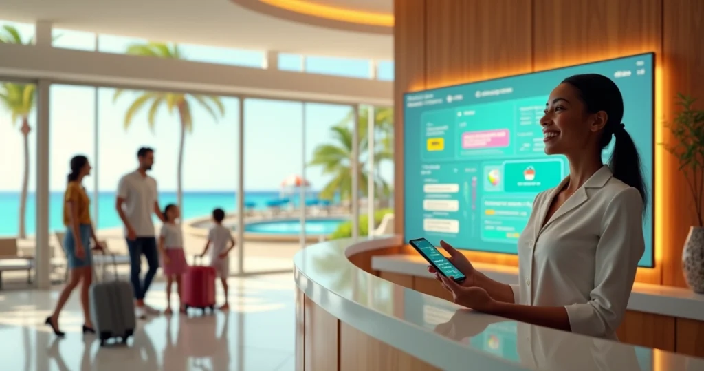 Recepcionista de hotel usando IA em atendimento digital com família chegando ao resort