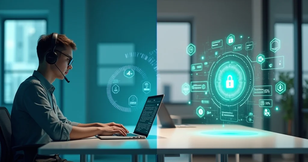 Comparação visual entre atendente humano e IA em atendimento ao cliente