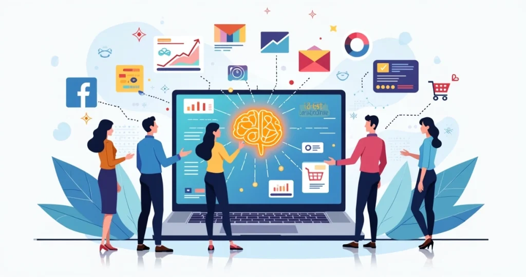 Ilustração de profissionais analisando campanhas de marketing com IA em vários canais digitais