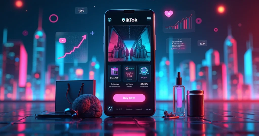 Montagem com TikTok Shop em destaque cercada por ícones de marketing digital e dados crescendo