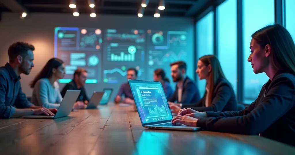 Profissional usando notebook com holograma de certificado de IA e logo da OpenAI ao fundo