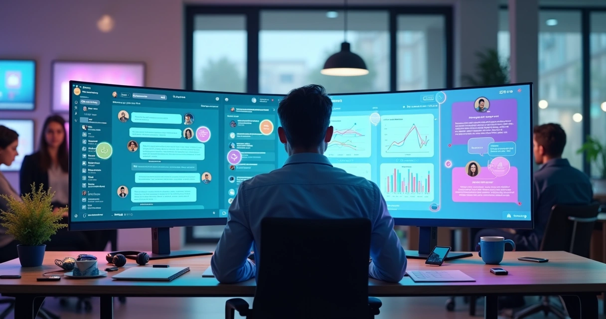 Tela dividida comparando chatbot inteligente com painel de CRM com IA em agência de marketing