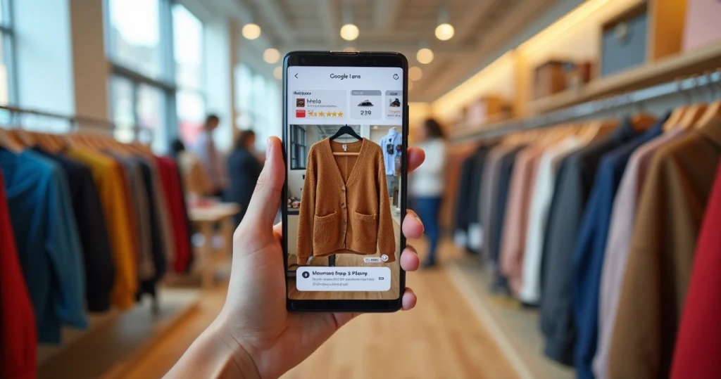 Pessoa usando o celular com Google Lens em loja de roupas moderna