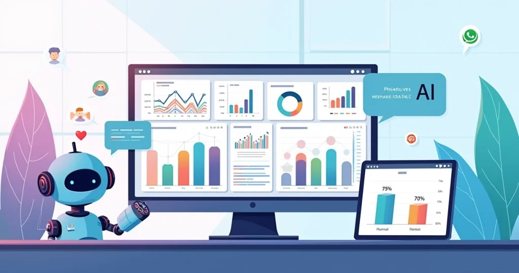 Painel ilustrado com métricas de engajamento de respostas automatizadas em diversos dispositivos