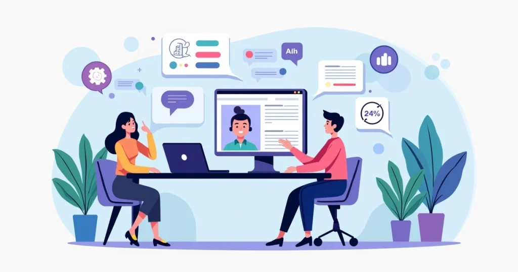 Equipe pequena usando IA no atendimento ao cliente na tela do computador