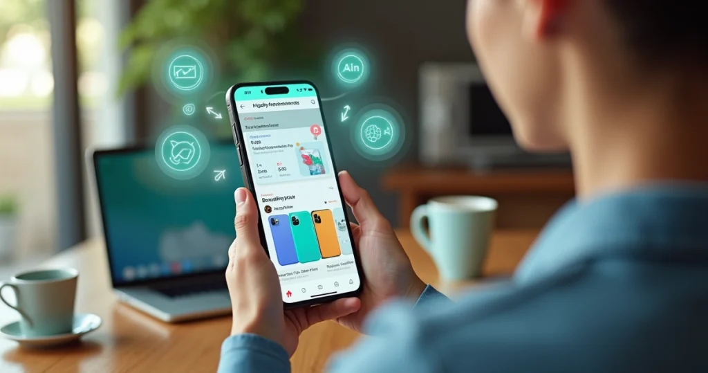 Pessoa usando aplicativo de compras com recomendações personalizadas na tela