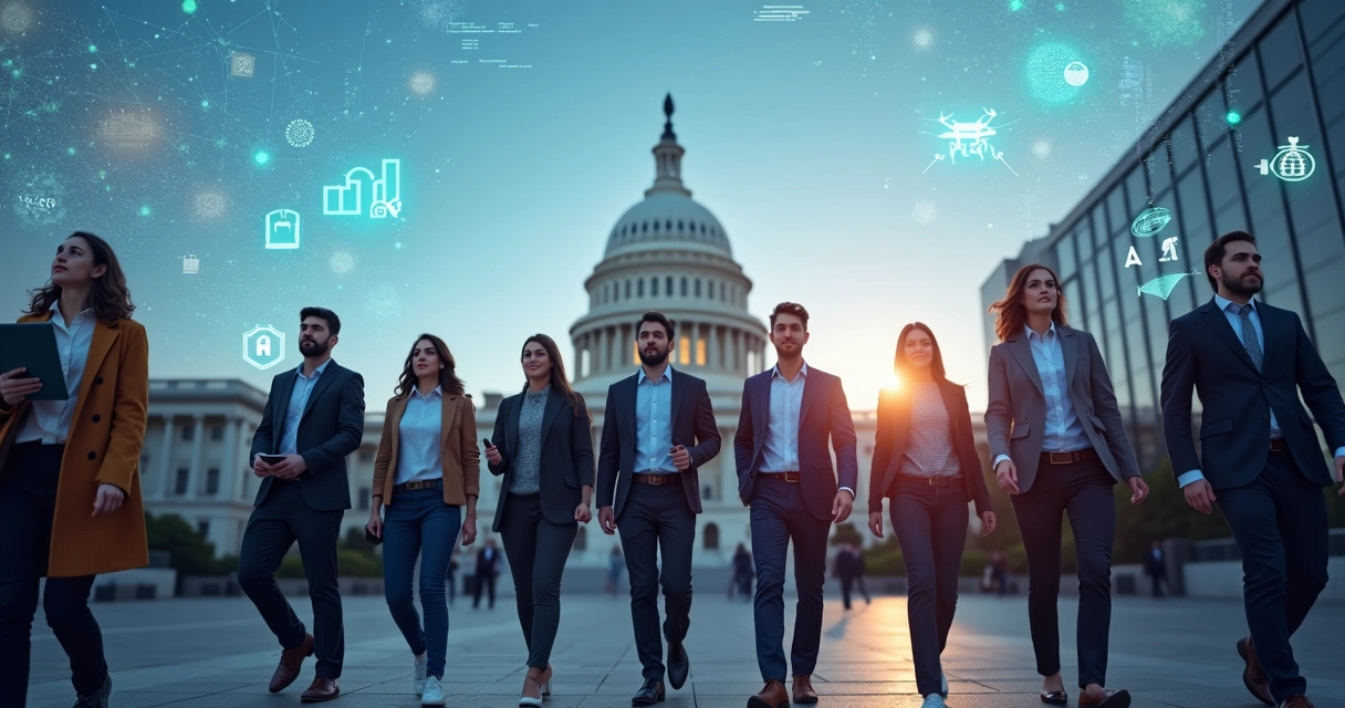 Profissionais de tecnologia jovens em frente a prédios governamentais dos EUA com ícones de IA ao fundo