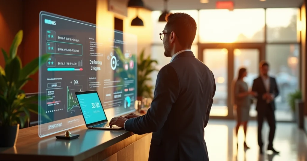 Gerente de hotel olhando painel digital com avaliações online no lobby moderno