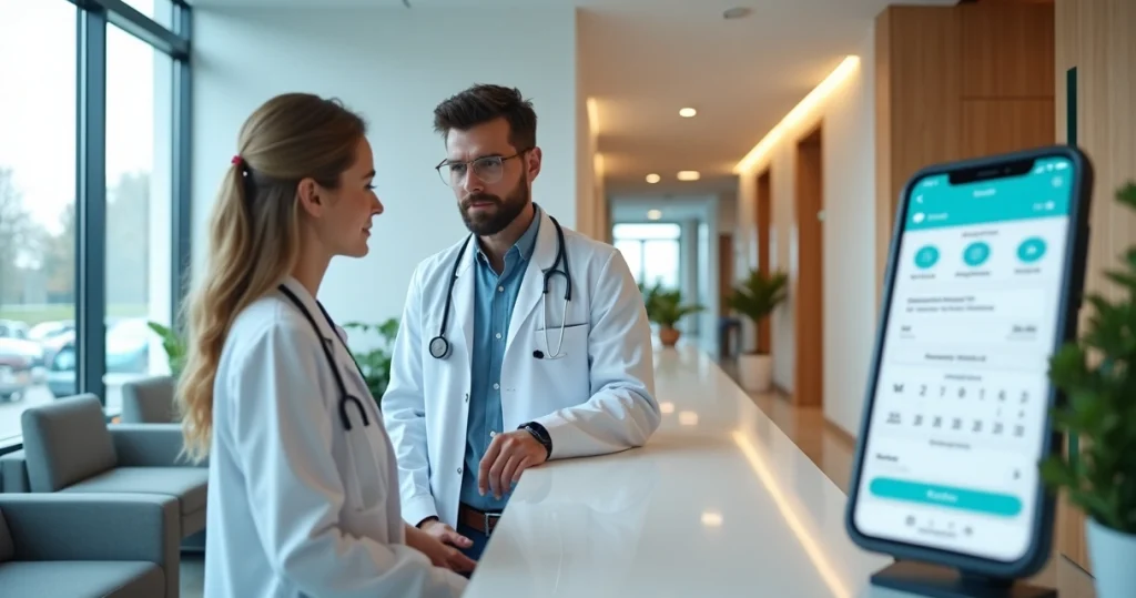 Recepcionista e médico acompanhando sistema de IA para agendamento de consultas em clínica moderna