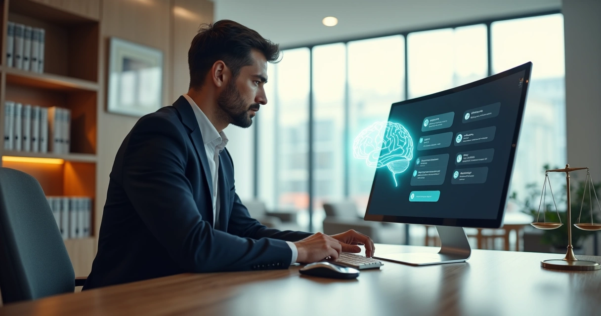 Advogado em escritório moderno usando IA no computador para atendimento a clientes