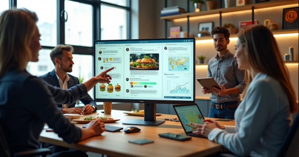 Equipe de marketing de alimentação acompanhando atendimento por IA em tela com chatbot e dados de clientes