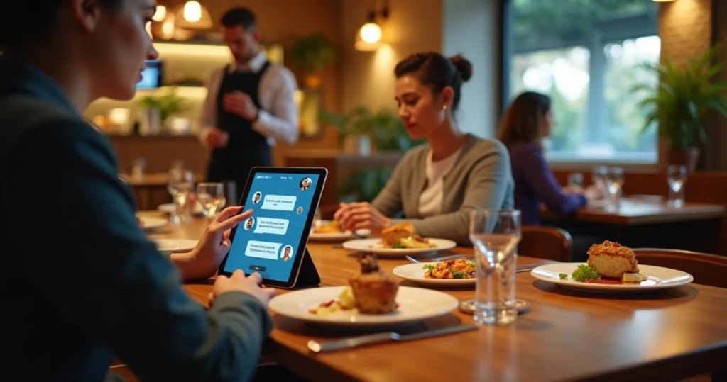 Garçom digital em tablet atendendo clientes em restaurante moderno