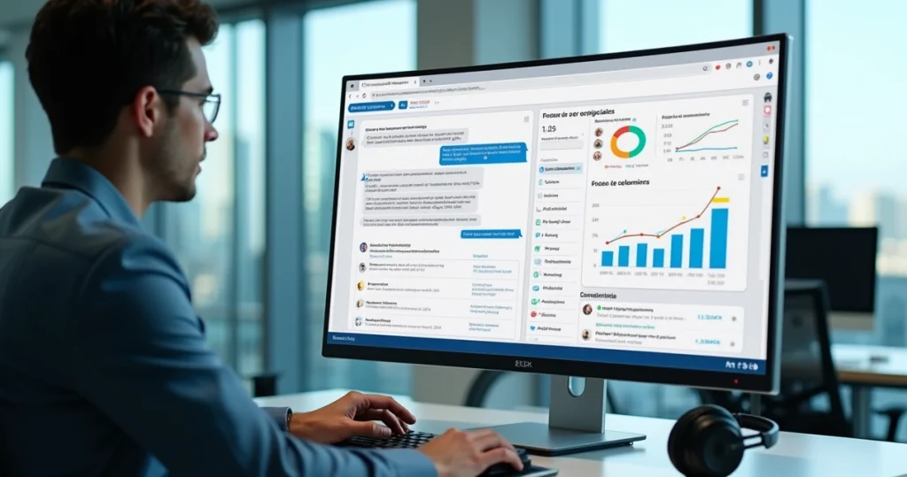 Tela de atendimento com IA integrada ao Salesforce em um escritório moderno
