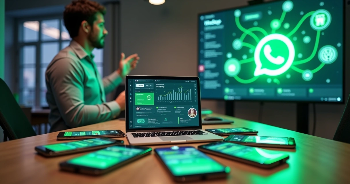 Dashboard de IA atendendo clientes no WhatsApp em vários celulares sobre uma mesa de trabalho moderna