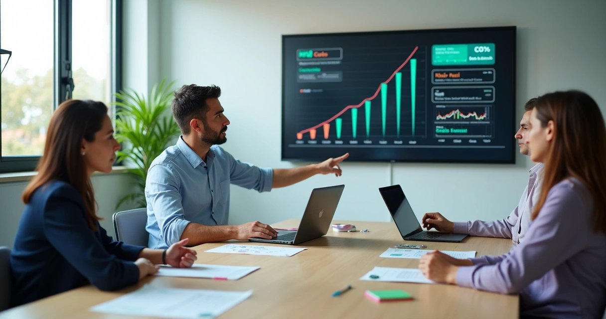Gestor analisando gráficos de custo e retorno de IA em escritório moderno