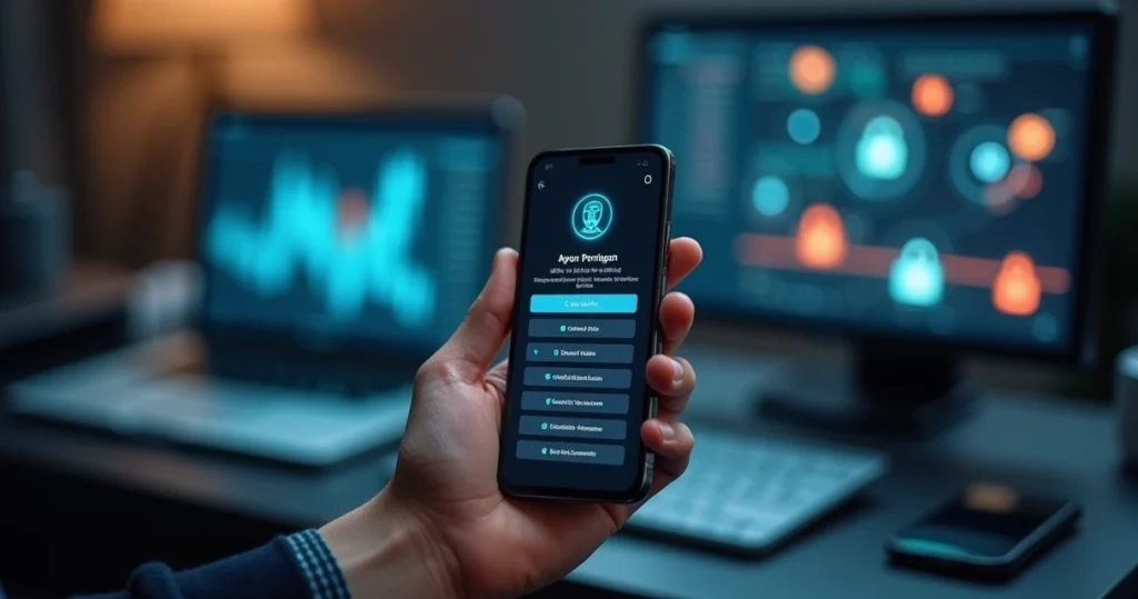 Assistente de IA pedindo permissão para acessar dados pessoais em tela de smartphone