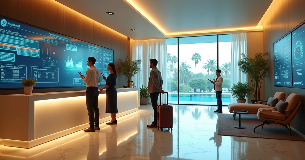 Recepcionista de hotel usando painel de IA para atender hóspedes e aumentar vendas