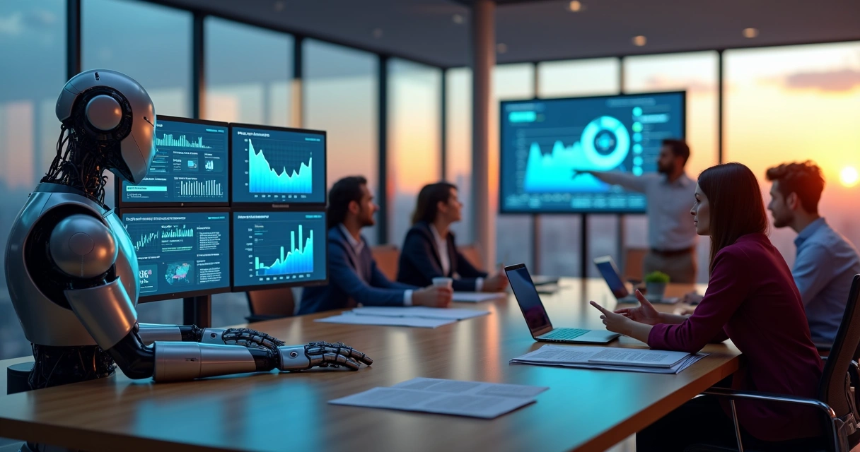 Robô de IA e time de marketing humano trabalhando juntos em um escritório moderno