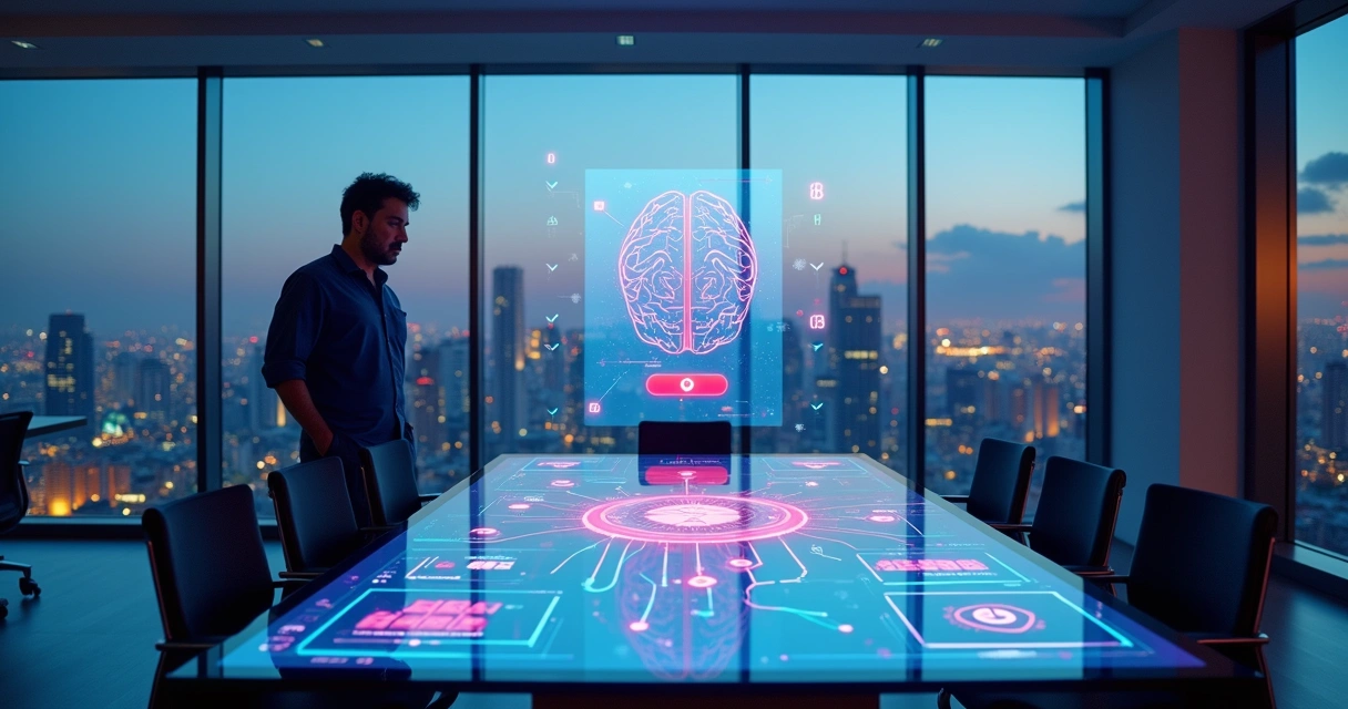 Gestor analisa integração de IA no atendimento ao cliente em painel digital futurista