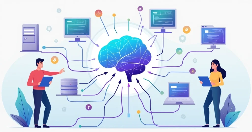 Ilustração de IA conectando sistemas legados em um painel corporativo