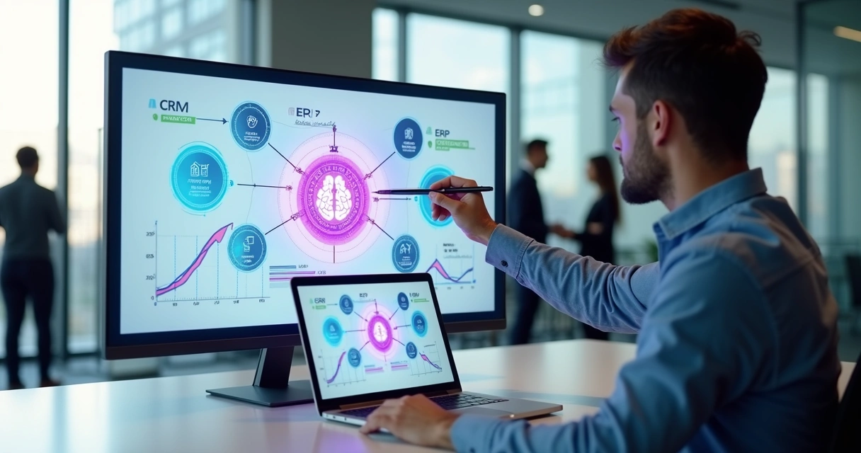 Profissional analisa painel com integrações de IA e sistemas empresariais