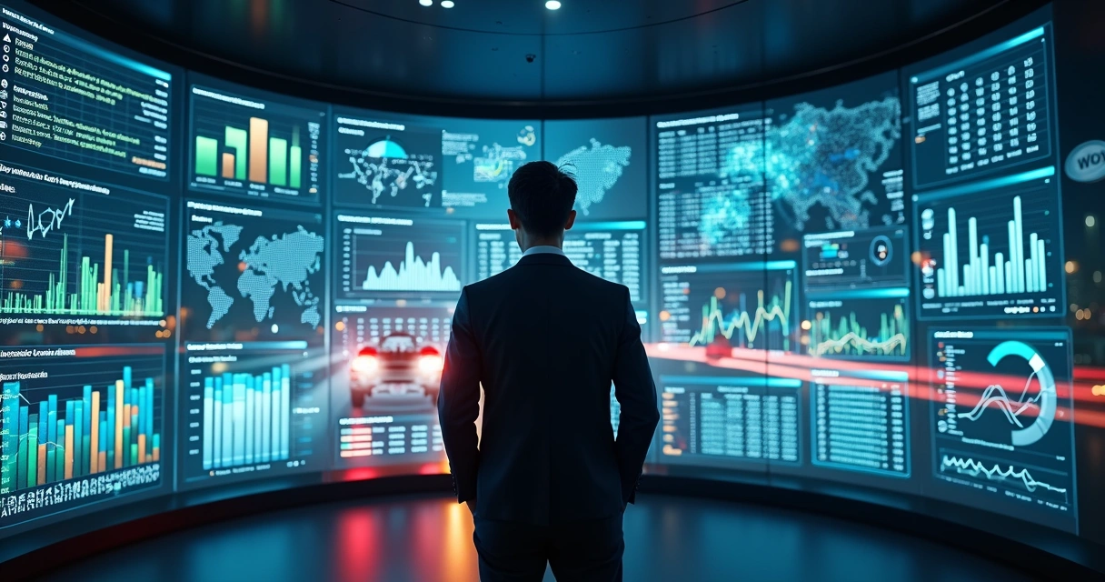 Líder de mídia analisando painéis de dados digitais e mapas de mobilidade urbana