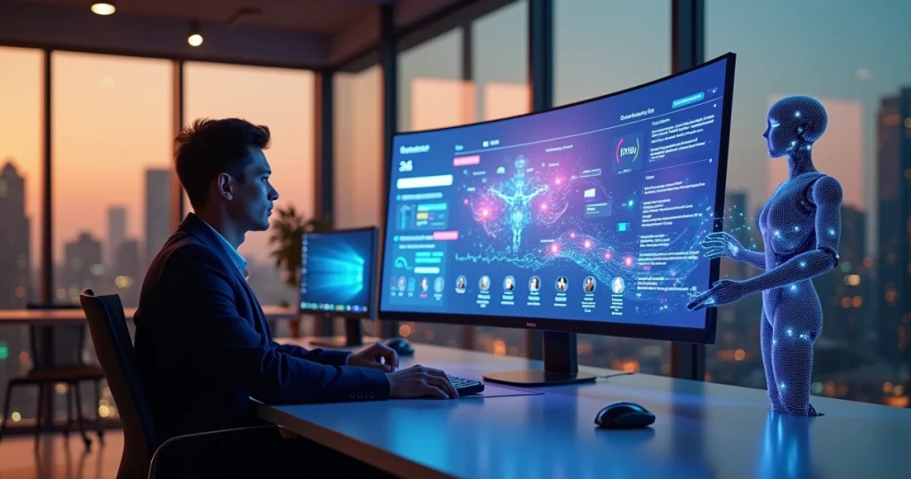 Atendente humano e IA colaborando em atendimento digital com dados integrados em tela
