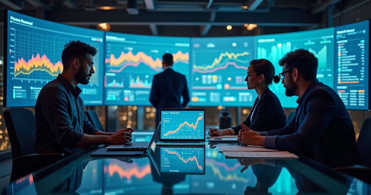 Equipe de marketing analisando gráficos voláteis em telas digitais
