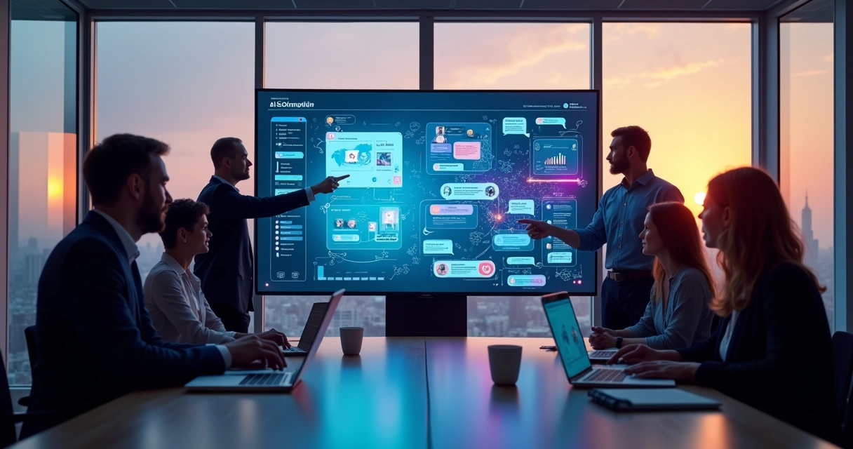 Gestores analisando portfólio de agência de automação de IA em tela gigante