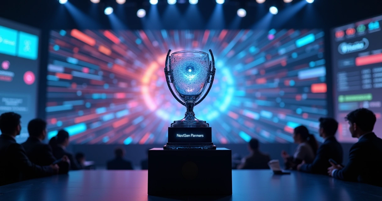 Palco de premiação do Google com troféu NextGen e elementos visuais de inteligência artificial