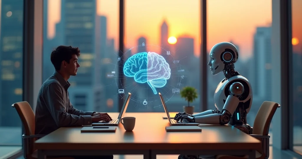 Profissional em escritório encarando um robô humanoide sentado à frente do computador