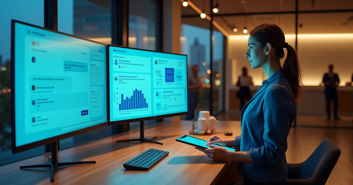 Tela com chatbot de IA avaliando respostas enquanto supervisora de hotel acompanha painel de métricas