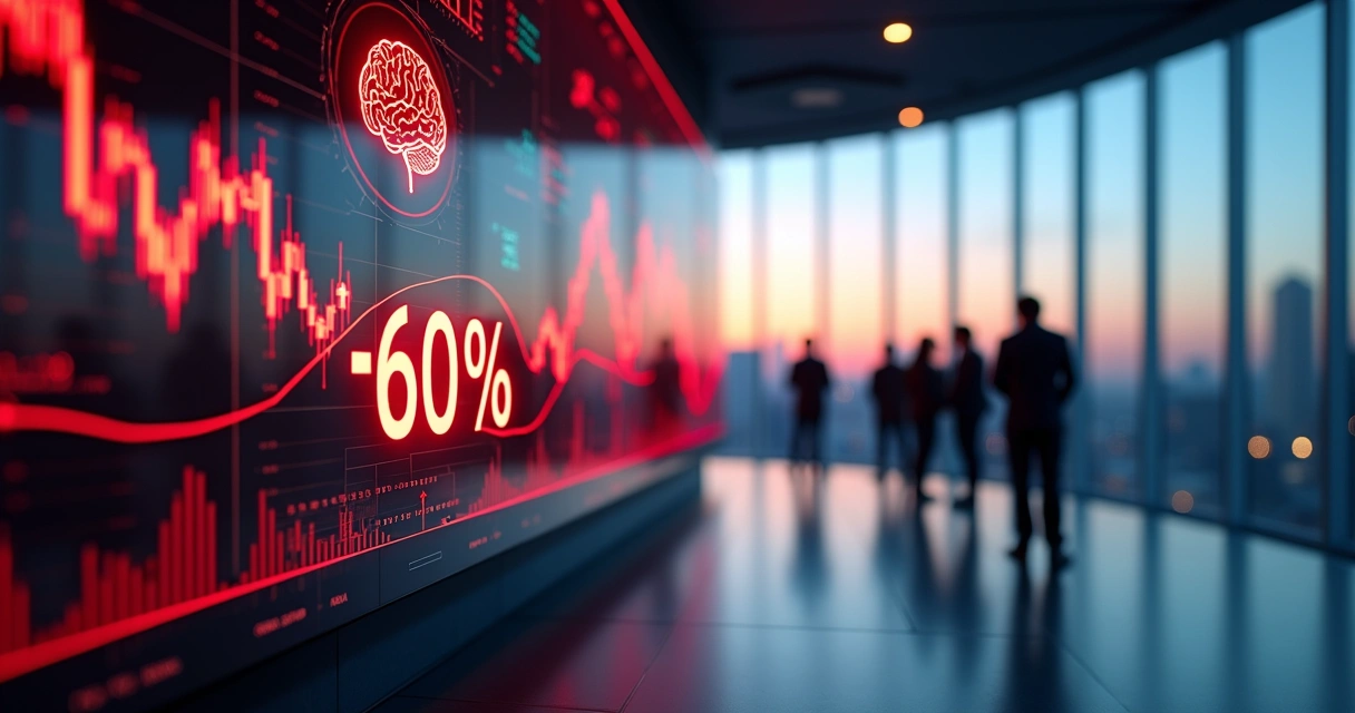 Bolsa de valores em queda com ícones de IA e publicidade ao fundo