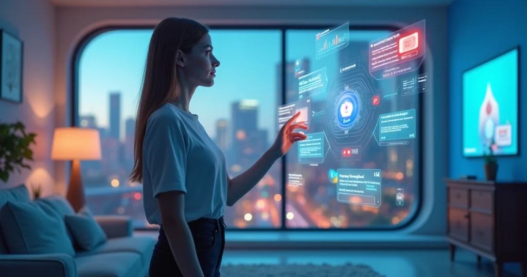 Consumidor interagindo com hologramas de marca e inteligência artificial em ambiente futurista