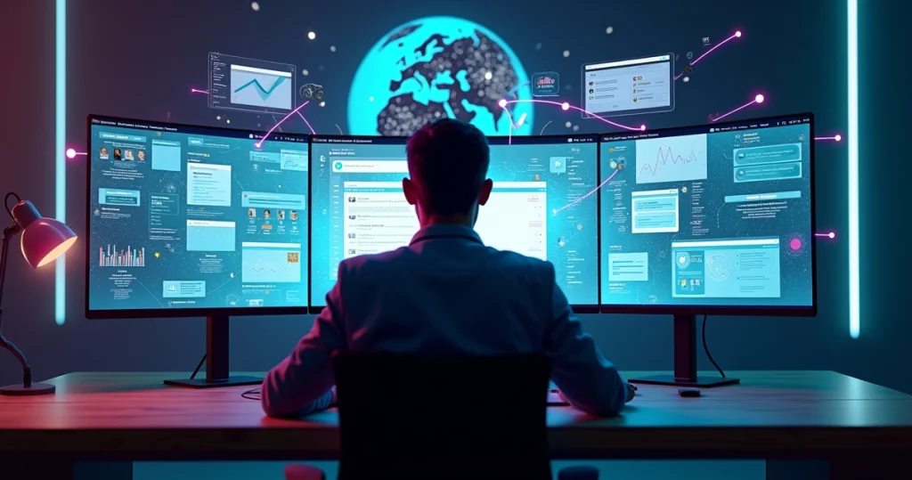 Profissional de marketing analisando múltiplas telas com gráficos, IA e redes sociais conectadas
