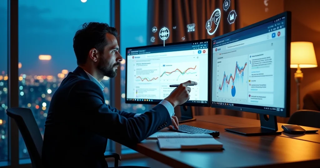 Especialista em SEO analisando buscas de IA em painel digital