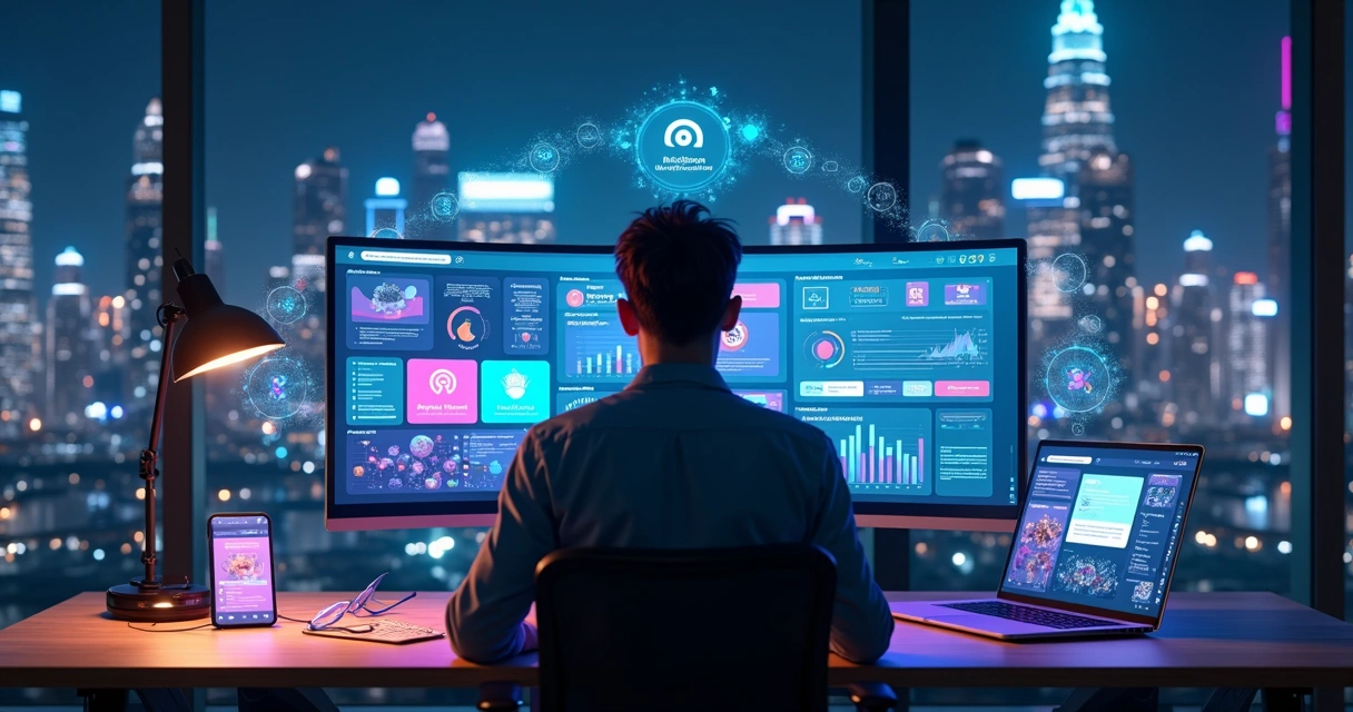 Profissional de marketing em escritório moderno analisando painel com tendências de inteligência artificial