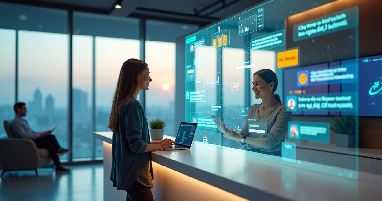 Cliente sorrindo enquanto interage com assistente virtual em tela holográfica