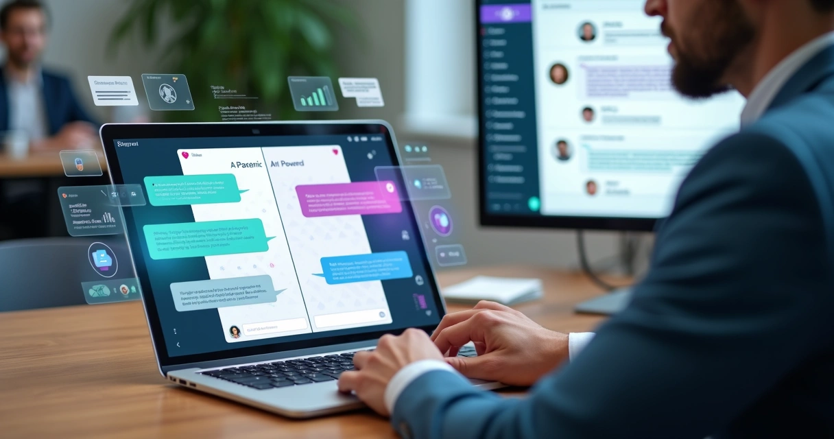 Tela de chatbot inteligente com IA atendendo cliente em notebook em ambiente de escritório moderno