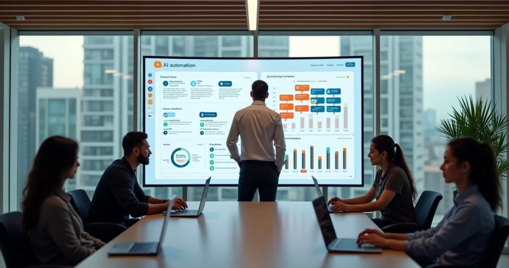 Gestor analisa painel de IA com time reduzido em escritório moderno