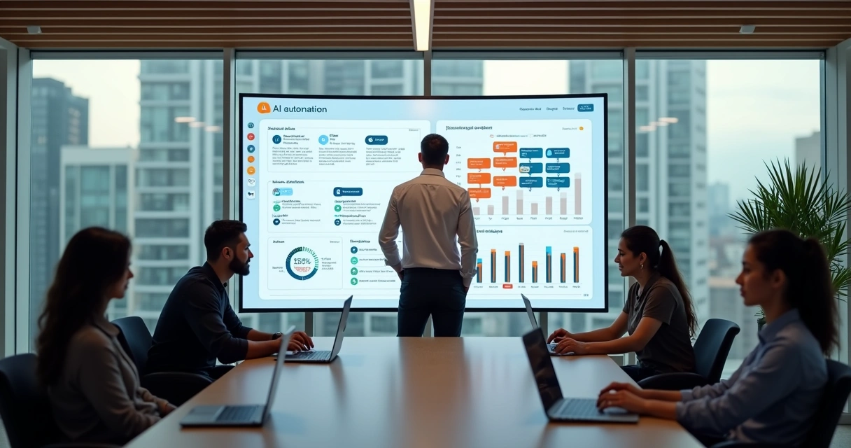 Gestor analisa painel de IA com time reduzido em escritório moderno